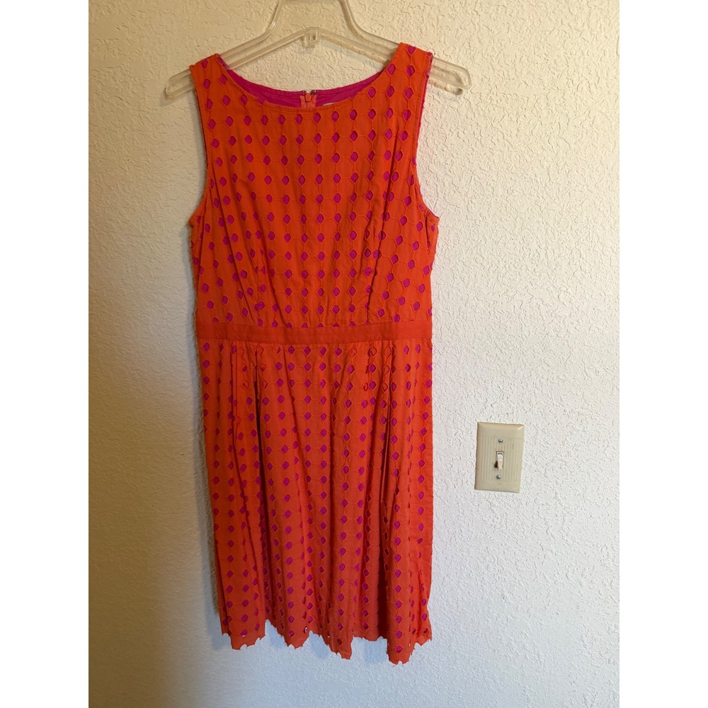 LOFT Orange Pink Eyelet Sleeveless Fit Flare Dress Size 8‎ Cotton Scalloped Hem